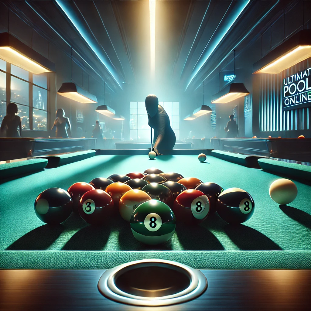 DALL·E 2025-03-29 02.44.24 - A high-quality and visually engaging cover image for an online pool game. The scene features a sleek, modern pool table with vibrant green felt, set i